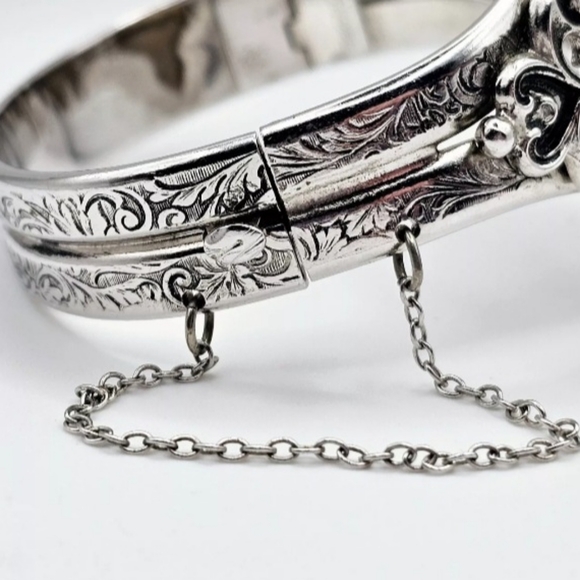 Whiting & Davis Vintage Signed Agate Silver Tone Southwestern Hinge Bracelet - Picture 7 of 11